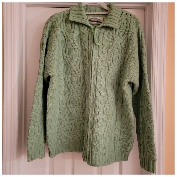 ARAN CRAFTS Ireland Merino Wool Green Cardigan, Size M-L - Picture 2 of 16